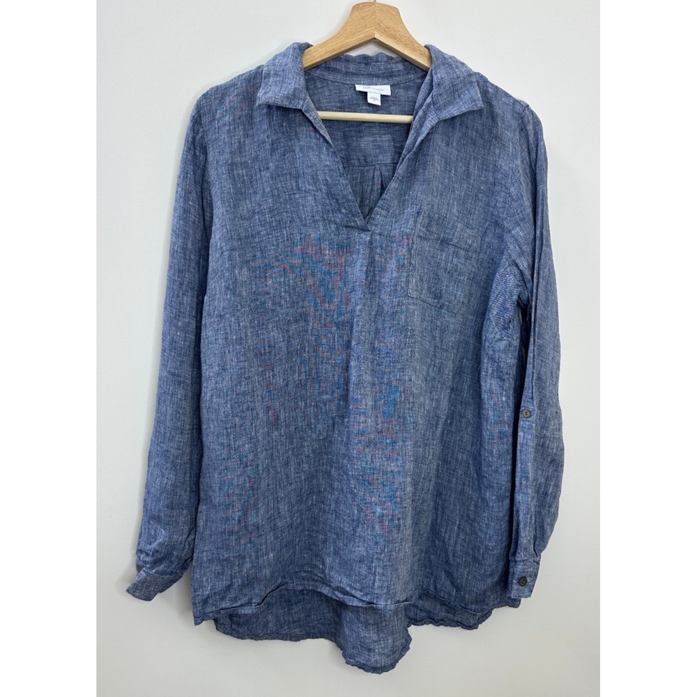 J Jill x Love Linen Roll Tab Pocket Top Medium Blue Lagonlook Coastal Beachy - Picture 3 of 14